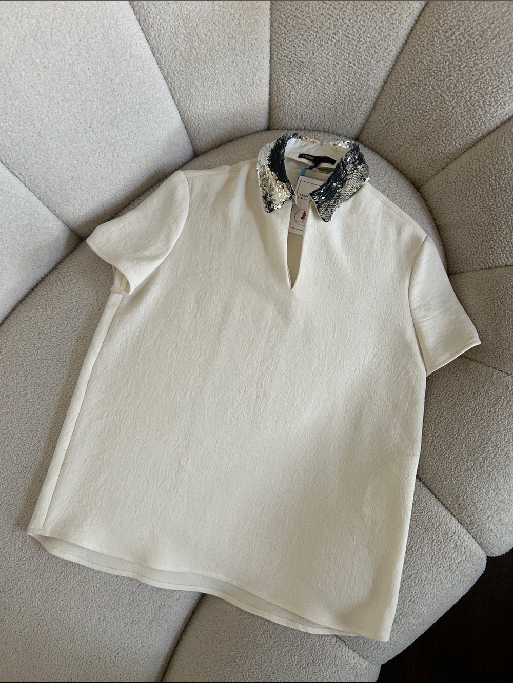 Maje Cream Short-Sleeve Top with Sequin Collar